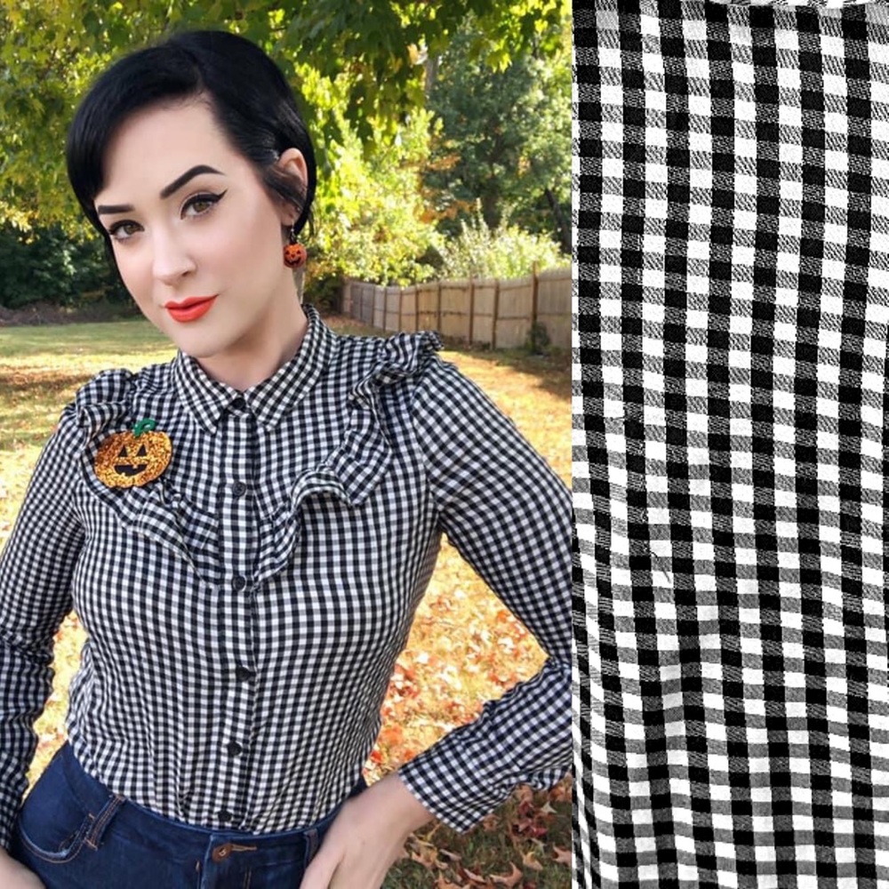 Ruffle Black & White Gingham Button Up Top